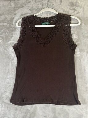 Ralph Lauren Dark Brown Lace-Trim Sleeveless Ribbed Top
